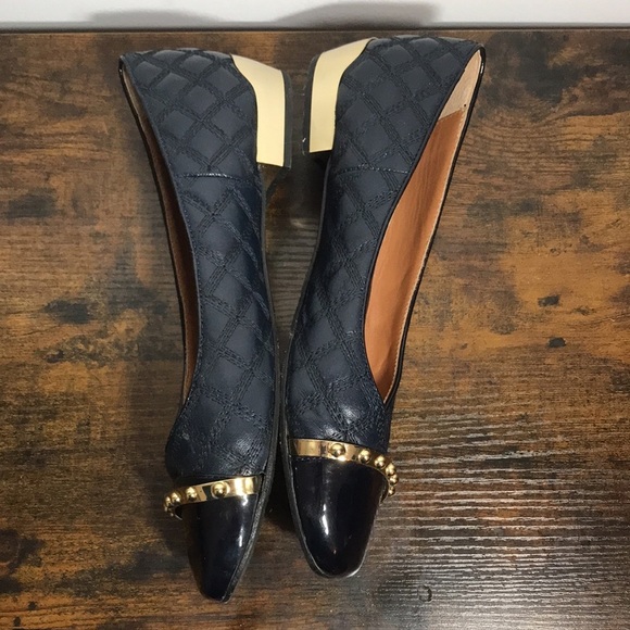 Vintage Napoleoni Navy Leather Quilted Gold Heels Ballet Flats Made in Italy - Picture 7 of 10